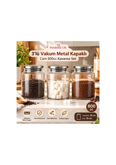 3 Lü Metal Vakum Kapaklı Cam 800 Cc Çay Şeker Kahve Bakliyat Erzak Saklama Kavanoz Seti Baharatlık Takımı Gri Gri