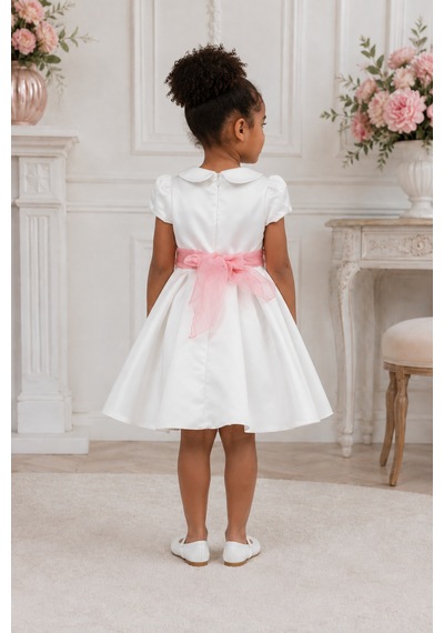 Babyhola Kız Çocuk Sade Beyaz Saten Abiye Elbise Balo Elbisesi 7152 Pembe
