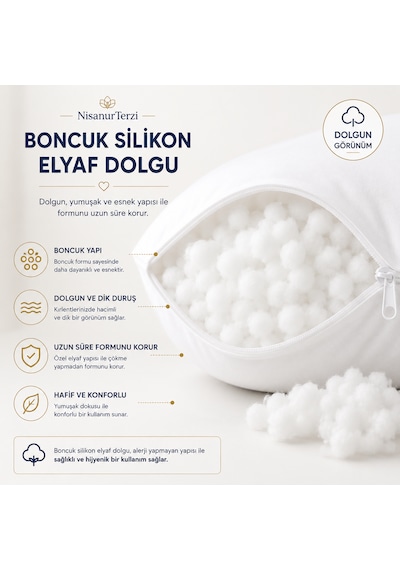 Nisanur-home %100 Pamuk Kumaş Boncuk Silikon Elyaf Dolgulu Gizli Fermuarlı İç Yastık 43 x 43