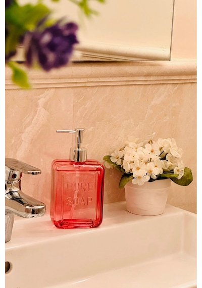 Makri Home Renkli Cam Sıvı Sabunluk, 500 Ml, Pembe Pembe