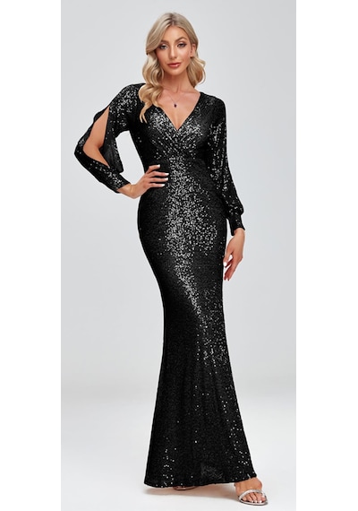 Hanife Glam Couture Hanife Glam Uzun Kollu Kruvaze Yaka Pullu Abiye Elbise Siyah