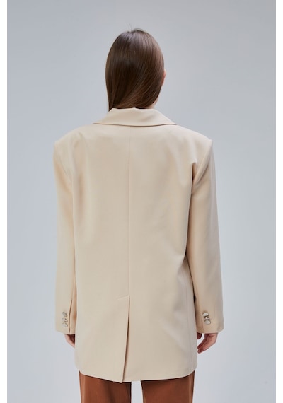 Kadın Oversize Düz Kesim Astarlı Dokuma Blazer Ceket Vizon