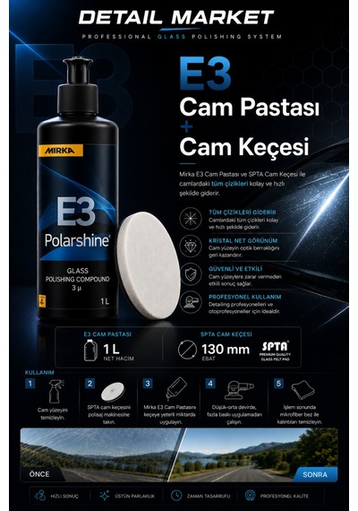 Mirka E3 Cam Çizik Giderici Pasta 1 Lt Ve Spta Cam Keçesi 130 Mm Set
