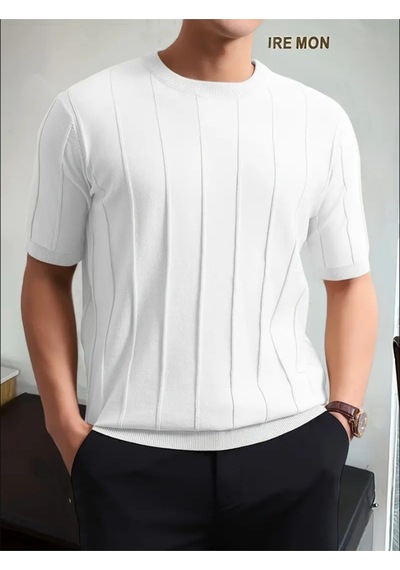 Erkek Slim Dar Bisiklet Yaka Düz Triko T-shirt Beyaz