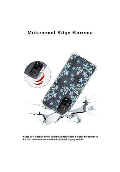 Vivo Y16 Uyumlu Köşe Korumalı Floral Mavi Tasarımlı Şeffaf Silikon Kılıf