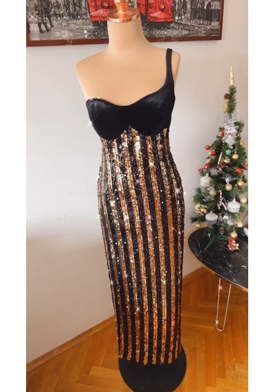 Chica Rosa Fashion Pullu Kloş Kısa Elbise Altın - Siyah