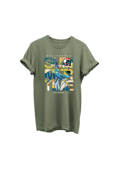 California Summertime Ve Tropikal Papağan Ve Palmiye Desenli %100 Pamuk Regular Fit Unisex T-shirt Haki California Summertime Ve Tropikal Papağan Ve Palmiye Desenli %100 Pamuk Regular Fit Unisex T-shirt Haki