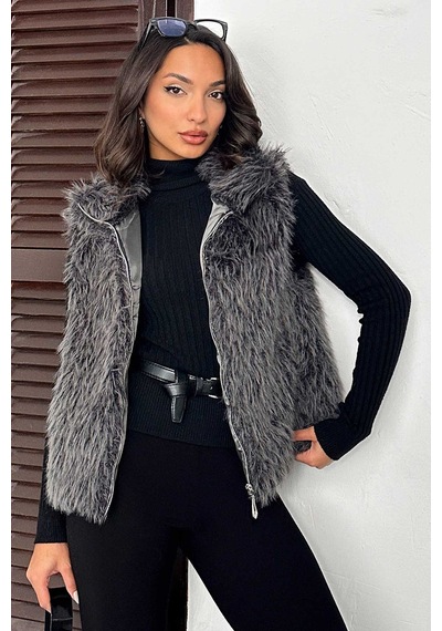 Verymoda Yapay Kürk Kadın Yelek Fermuarlı, Yumuşak Dokulu I Vmf2046 Gri