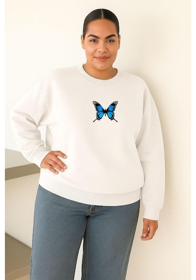 Benroma 3 İplik Penye Kelebek Baskılı Büyük Beden Unisex Sweatshırt Beyaz