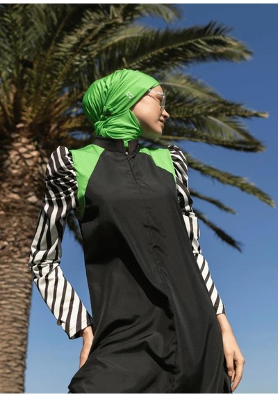 Mayovera Siyah Beyaz Kollar Siyah Kapalı Tesettür Tasarım Mayo
