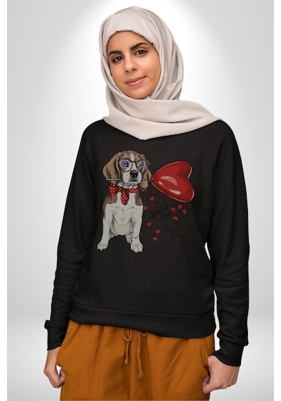 Poodle Ve Beagle Sevililer Günü Hediyesi Unisex Siyah Baskılı Sweatshirt Siyah