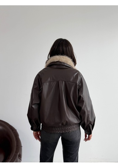 Verymoda Yakası Kürklü Kruvaze Deri Mont F2050 Kahve