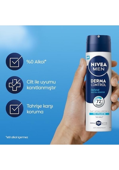 Men Erkek Sprey Deodorant Derma Control Defend 150 Ml, 72 Saat Anti Perspirant Koruma, Tahrişe Karşı Koruma,hyaluronik Asit, Pro Vitamin B5,alkolsüz Formül