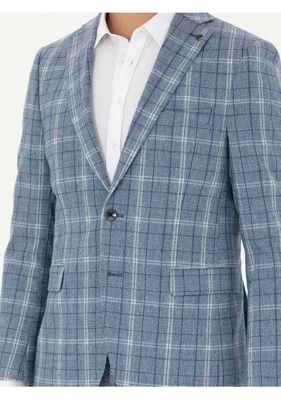 Cacharel Mavi Slim Fit Yün Karışımlı Ekose Takım Elbise