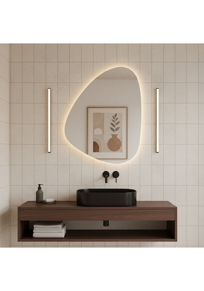 40x55 Cm Modern Asimetrik Led Banyo Aynası Dokunmatik Sensörlü, Dimmerli, 3000k Günışığı Sarı