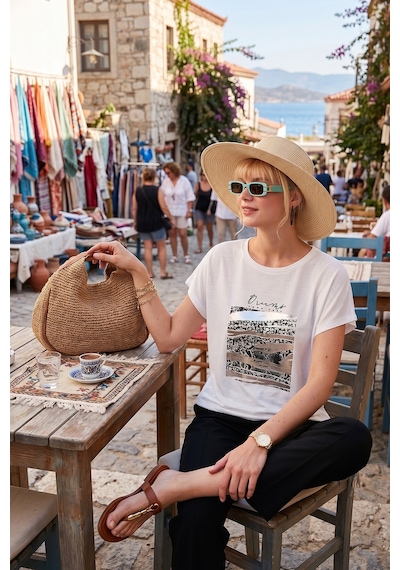 Lela Baskılı Bisiklet Yaka Regular Fit Bayan T Shirt 6671000 Ekru