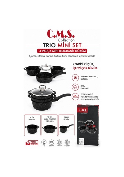 Oms Trio Mini Biogranit Döküm Tencere Seti Siyah 3741