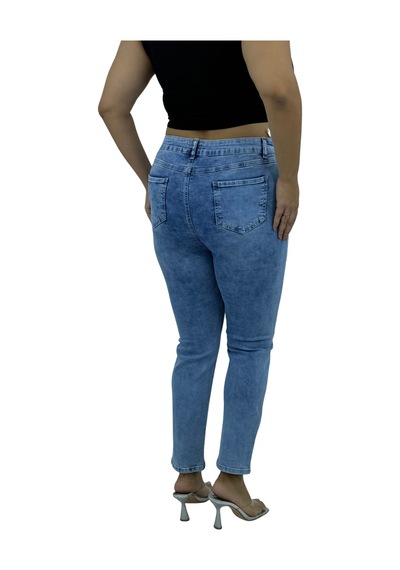 Büyük Beden Denim Yırtık Yıpratma Detaylı Dar Paça Kadın Pantolon Mavi