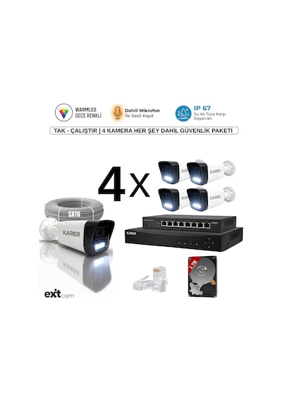4'lü Ip-poeli-5mp-sesli -gece Renkli- Su Geçirmez- Full Hd-1tb-güvenlik Kamera Seti