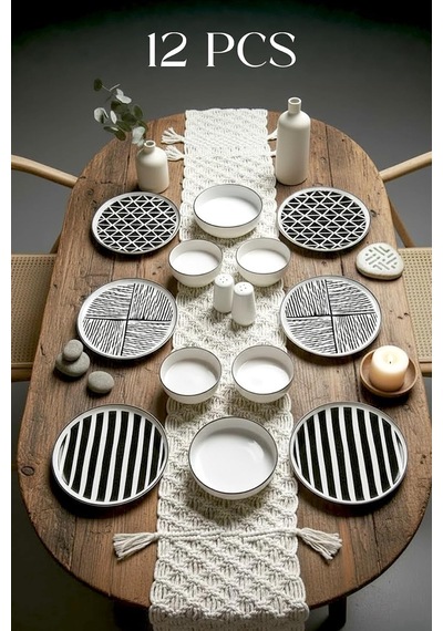 12 Parça 6 Kişilik Stackable Pop Black White Kahvaltı Takımı - Lüx Kahvaltılık Sunum Tabağı Seti,siyah Beyaz Diğer