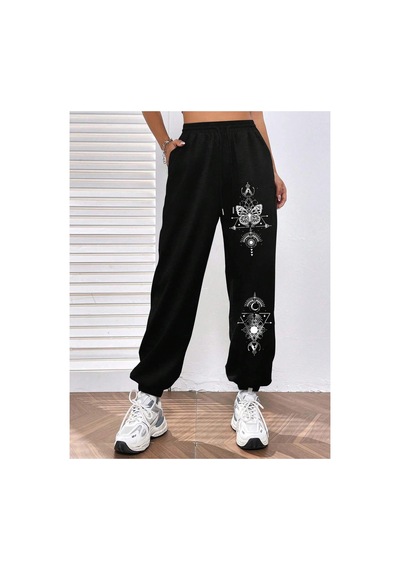 Tarzsokak Butterfly Print Elastic Waist 4 Mevsim Eşofman Siyah