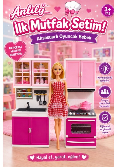Anlily İlk Mutfak Setim Aksesuarlı Oyuncak Bebekli Pembe Evcilik Oyun Seti 3+ Yaş
