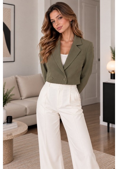 Lima Haki Kadın Crop Blazer Ceket Kruvaze Yaka Çift Düğmeli Kısa Ceket