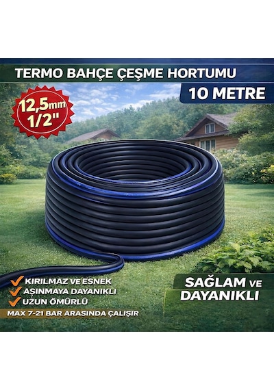 Tr 10 Metre Termo Kauçuklu Bahçe Hortumu Dayanıklı 3 Katlı Sağlam Su Sulama Yıkama Hortum 12.5 Mm 1/2