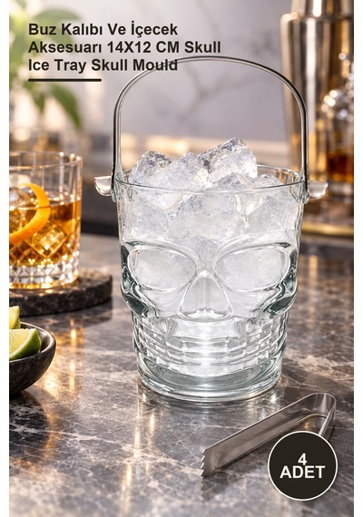 4 Adet Cam Kurukafa Buzluk Buz Kalıbı Ve İçecek Aksesuarı 14x12 Cm Skull Ice Tray Skull Mould