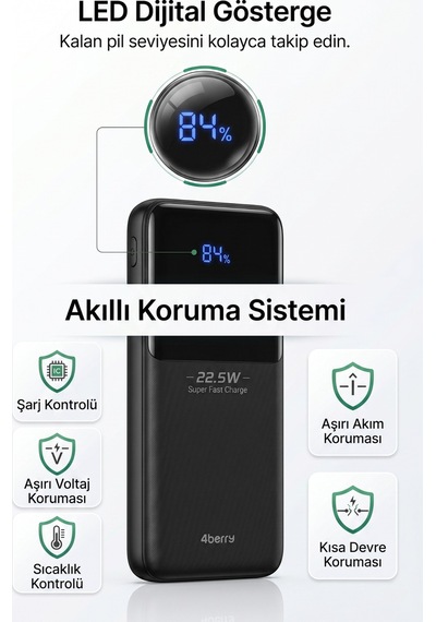 4berry Y376 10000mah 22.5w Süper Hızlı Şarj Type-c Ve Lightning Kablolu Powerbank Siyah