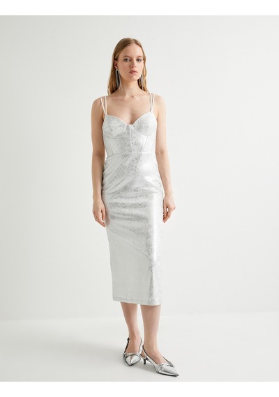 Koton Midi Askılı Abiye Elbise Bridal Kalp Yaka Metalik Varak Baskılı Kırık Beyaz 4sak80134fk Ekru