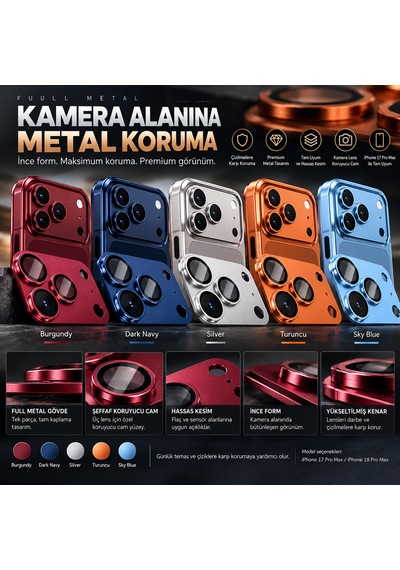 Premium Metal Lens Koruyucu İphone 17/18 Pro İle Uyumlu Bordo