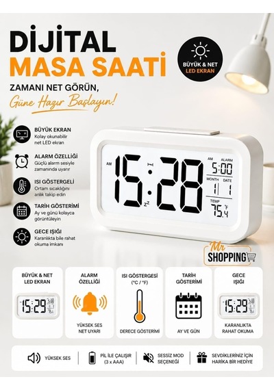 Dijital Masa Saati Büyük Led Ekranlı Alarm Özellikli Tarih Ve Sıcaklık Göstergeli Gece Işığı 12/24 Sa Diğer