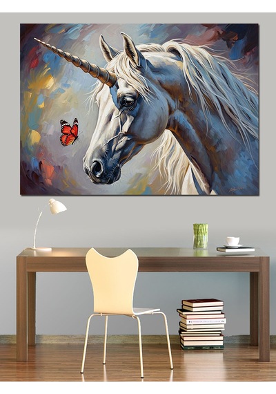 Ahşap Tablo Uçan Kelebekli Beyaz Unicorn Dekoratif Tablolar