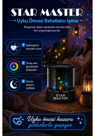Tavan Ve Duvar Yansıtmalı Renk Değiştiren Yıldız Projektör Gece Lambası Çok Renkli