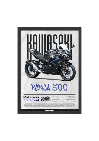 Kawasaki Ninja 500 Siyah Ahşap Çerçeveli Poster, Dekoratif Motosiklet Duvar Tablosu