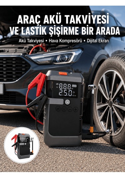 Araç İçin 4 Fonksiyonlu Akü Takviye Ve Lastik Şişirme Cihazı Yeni