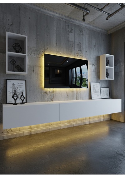 Resital Duvara Monte Ledli 270 Cm Tv Ünitesi Duvar Raflı - Ll6030 Beyaz