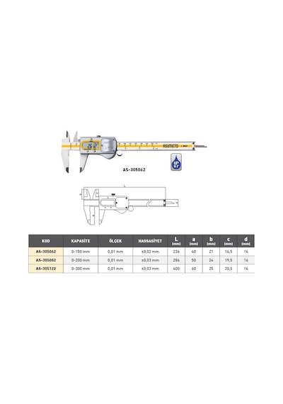 Asimeto Profesyonel Dijital Kumpas Metal Kasa Su Geçirmez 0,01-150 Mm