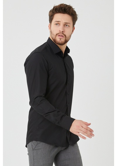 Bawcompany Erkek Siyah Slim Fit Düz Büyük Beden Gömlek