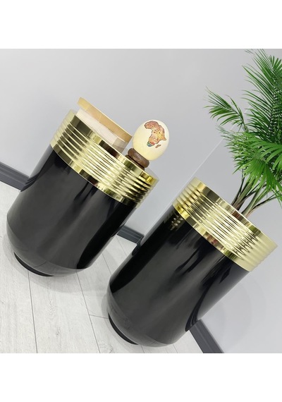 Elegant Dekoratif Gold Darbuka Parlak Siyah Saksı 70cm + Sehpa 60cm İkili Set