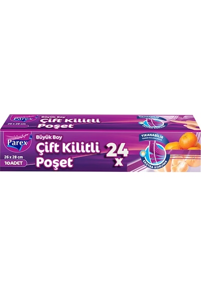 10'lu Çift Kilitli Buzdolabı Poşeti Büyük Boy 26 X 28 Cm 24'lü Paket