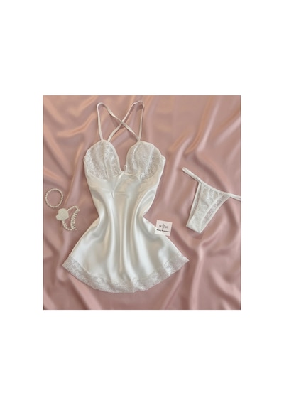 Mh Moony Homewears 2'li Beyaz Ekstra Mini Saten Gecelik I Ç Giyim Seti Beyaz