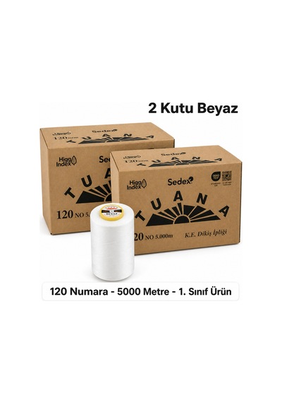 Tuana 120 Numara 5000 Metre Polyester Dikiş İpliği - 2 Kutu Beyaz 12 Bobin