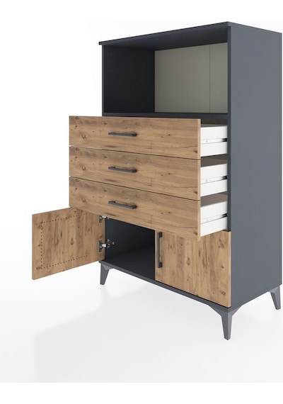 Hyperion Dolap Tek Raflı 3 Çekmeceli 2 Kapaklı 88x44x134 Antrasit-çam Antrasit