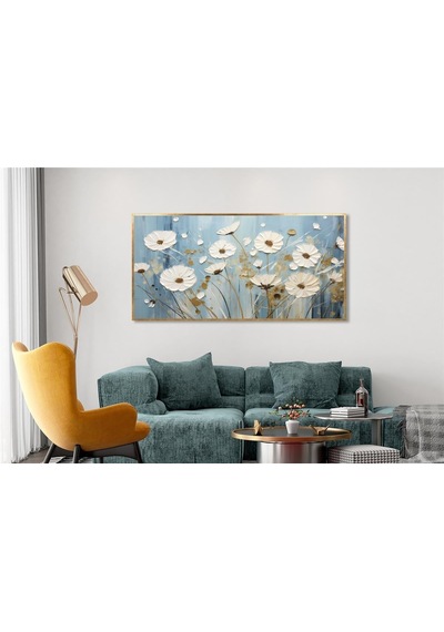 Yağlı Boya Dokulu Tablo Mavi Fonda Beyaz Modern Çiçekler Altın Çerçeveli U02037-178891