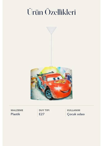 Şimşek Mcqeen Cars Panorama Sarkıt Renkli Çocuk Odası Dekoratif Aydınlatma