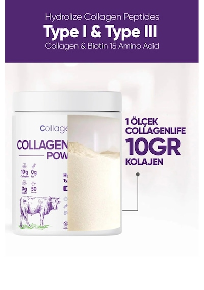 Collagen Life %100 Saf Ve Doğal Yüksek Biyoaktif Çift Hidrolize Kolajen Peptitler İçeren Diyet Takviyesi 50günlük