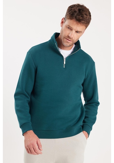 Tudors Unisex Relax Fit Rahat Kesim Pamuklu İçi Polarlı Yarım Fermuarlı Yeşil Dik Yaka Sweatshirt-35163 Yeşil