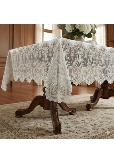 Fınezza1605 - 8690000058822 - Lilyum Dantelli Kadife Krem/bej Masa Örtüsü Dikdörtgen 160x230 Cm - 1605 Çok Renkli